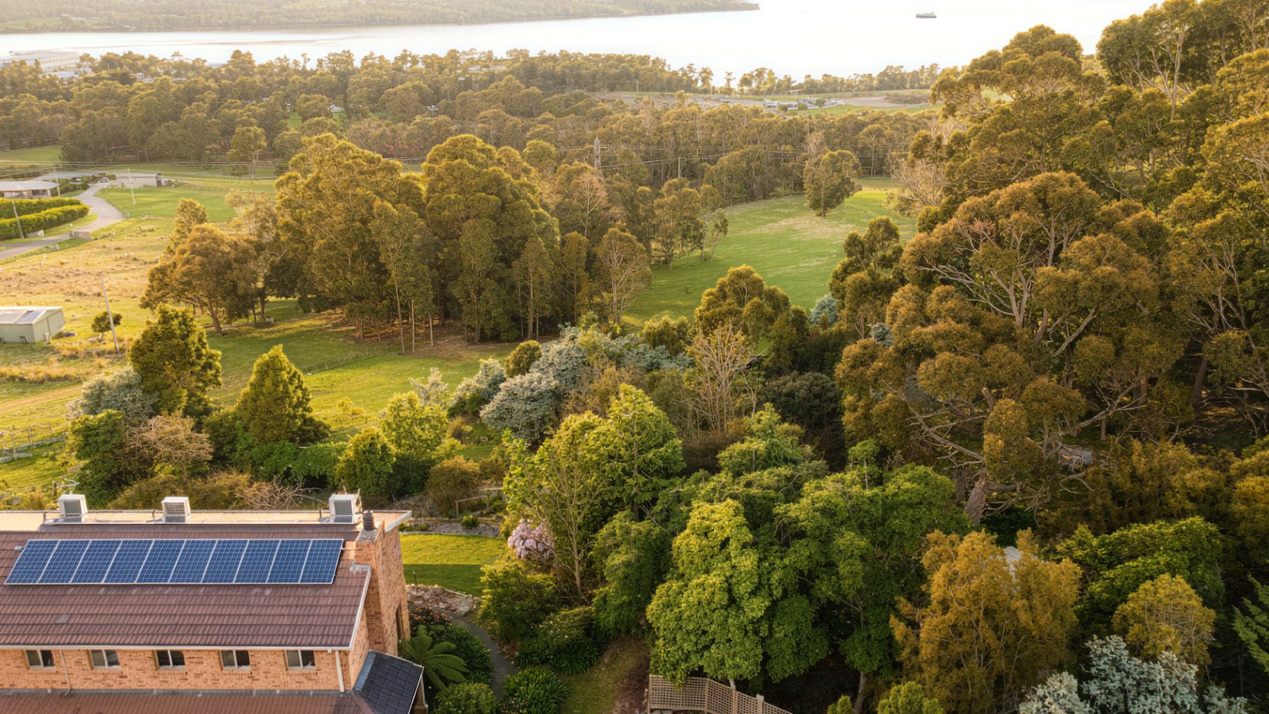 From the air: the house, the treetops and the water beyond